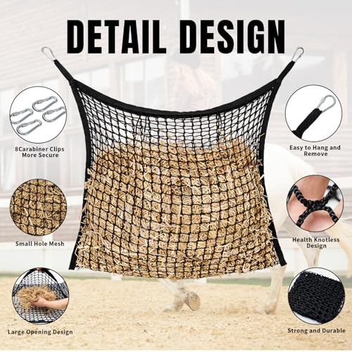 MKO SHUN 4 PCS Slow Feed Hay Net for Horses, Large Capacity Hay Bags for Horses Goats Sheep Donkey Trailer Full Day Feeding, Easy to Fill and Hang, Black, 35 x 31 Inch - Image 4