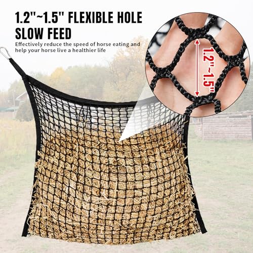 MKO SHUN 4 PCS Slow Feed Hay Net for Horses, Large Capacity Hay Bags for Horses Goats Sheep Donkey Trailer Full Day Feeding, Easy to Fill and Hang, Black, 35 x 31 Inch - Image 3