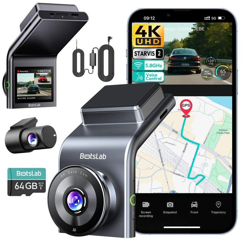 BOTSLAB 4K STARVIS 2 Dash Cam Front and Rear, with Hardwire Kit, 64GB Card - Image 1