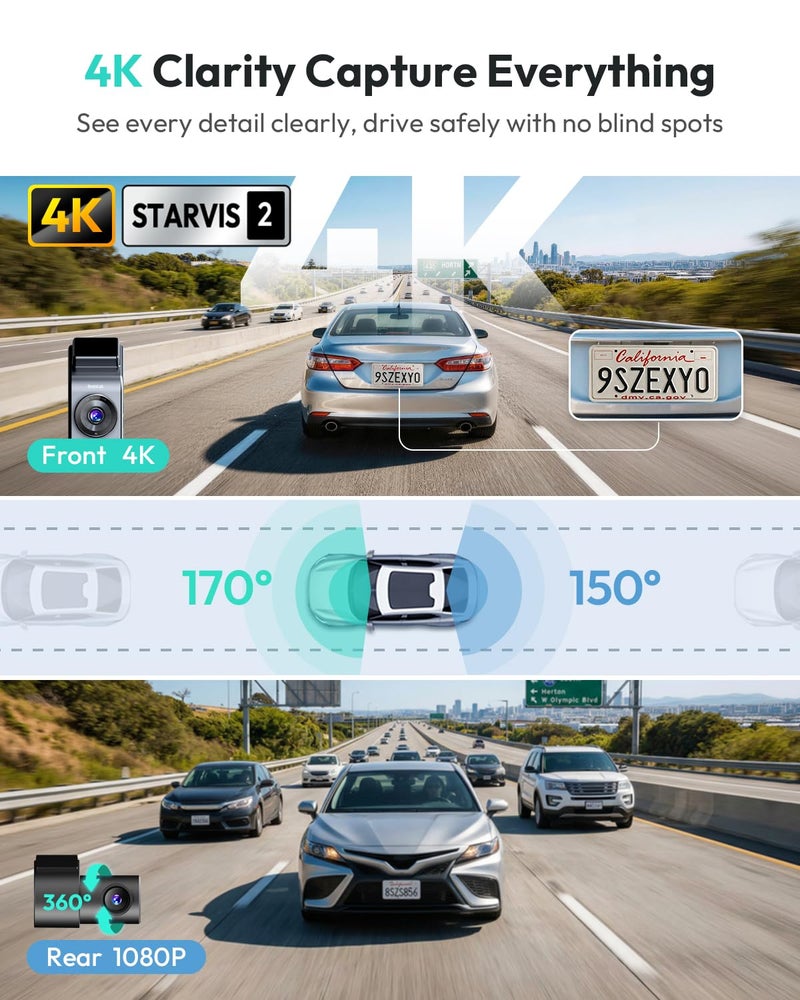 BOTSLAB 4K STARVIS 2 Dash Cam Front and Rear, with Hardwire Kit, 64GB Card - Image 2