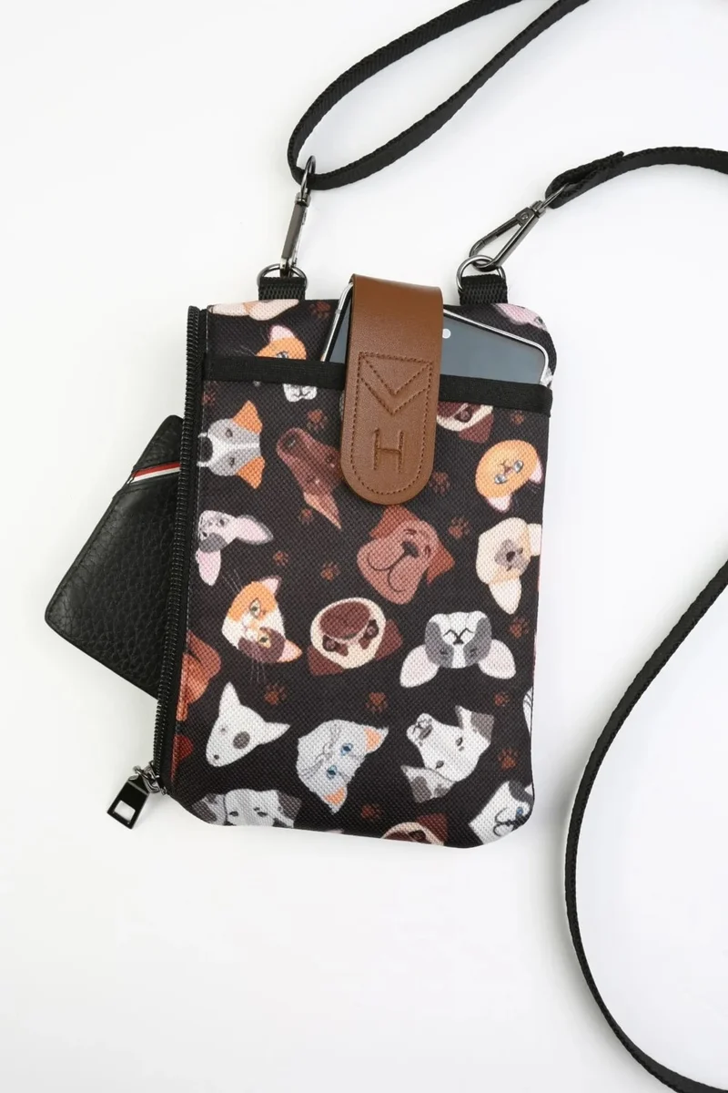 Hamur Dough Women's Cross Strap Wallet with Phone Compartment Shoulder Bag Leather Cover Dogs Cats