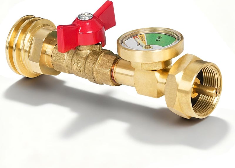 GASPRO 1lb Propane Tank Adapter with Switch Valve Gauge,20 lb to 1lb Converter, Hook Up Small Propane Tanks When 20lb Ran Out, Solid Brass - Image 1