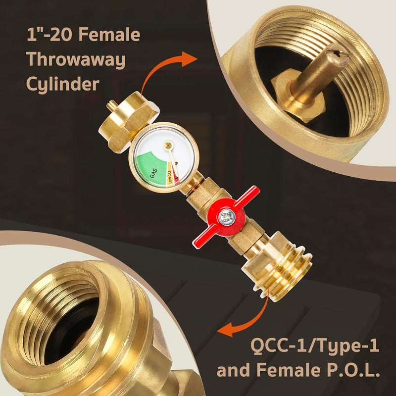 GASPRO 1lb Propane Tank Adapter with Switch Valve Gauge,20 lb to 1lb Converter, Hook Up Small Propane Tanks When 20lb Ran Out, Solid Brass - Image 2