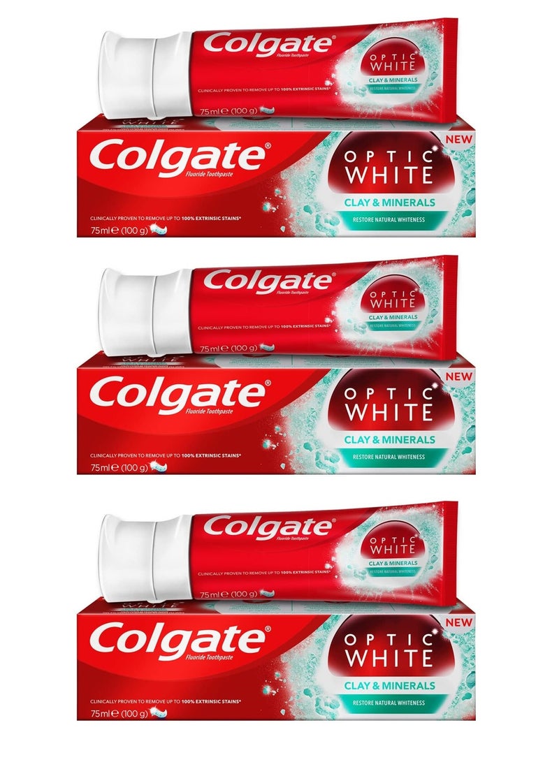 Colgate 3 Piece Set Optic White Clay and Minerals Remove Stains and Restore Natural Whiteness Mint 3X75 ml - Image 1