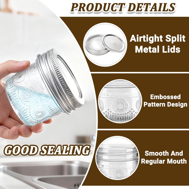 Alotpower 4 oz Glass Mason Jars with Embossed Pattern 24 Pack, Small Canning Jars with Airtight Lids, Mini Glass jars for Jams, Jelly, Honey, Spices,Desserts,Wedding Favors and Gift Packaging - Image 3