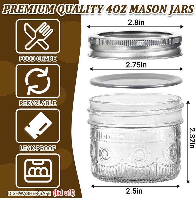 Alotpower 4 oz Glass Mason Jars with Embossed Pattern 24 Pack, Small Canning Jars with Airtight Lids, Mini Glass jars for Jams, Jelly, Honey, Spices,Desserts,Wedding Favors and Gift Packaging - Image 2