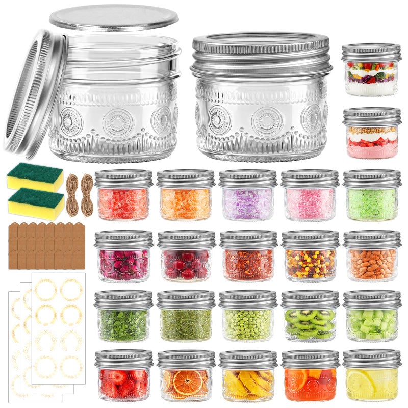 Alotpower 4 oz Glass Mason Jars with Embossed Pattern 24 Pack, Small Canning Jars with Airtight Lids, Mini Glass jars for Jams, Jelly, Honey, Spices,Desserts,Wedding Favors and Gift Packaging - Image 1