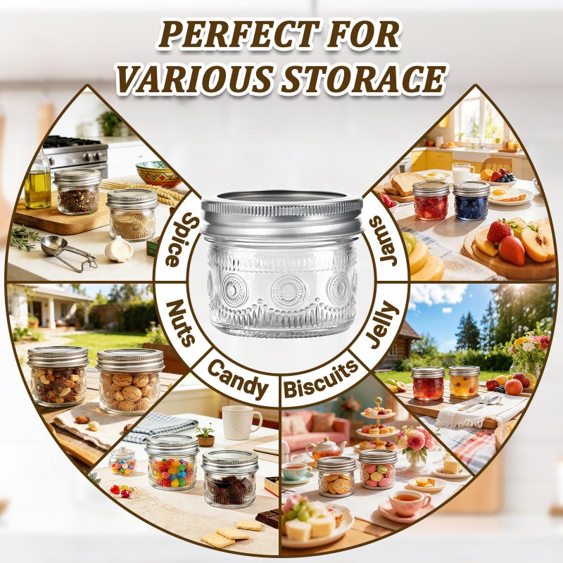 Alotpower 4 oz Glass Mason Jars with Embossed Pattern 24 Pack, Small Canning Jars with Airtight Lids, Mini Glass jars for Jams, Jelly, Honey, Spices,Desserts,Wedding Favors and Gift Packaging - Image 5