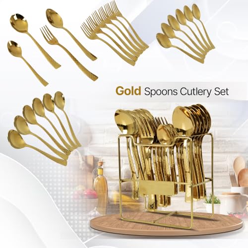 BLLUEX 25 Piece Gold Cutlery Set for Kitchen & Dining Luxury Stainless Steel Cutlery Set with Stand (6 Dessert Spoons, 6 Dessert Forks, 6 Tea Spoons, 6 Soup Spoons, 1 Storage Stand) (25, Golden) - Image 3