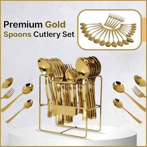 BLLUEX 25 Piece Gold Cutlery Set for Kitchen & Dining Luxury Stainless Steel Cutlery Set with Stand (6 Dessert Spoons, 6 Dessert Forks, 6 Tea Spoons, 6 Soup Spoons, 1 Storage Stand) (25, Golden) - Image 2