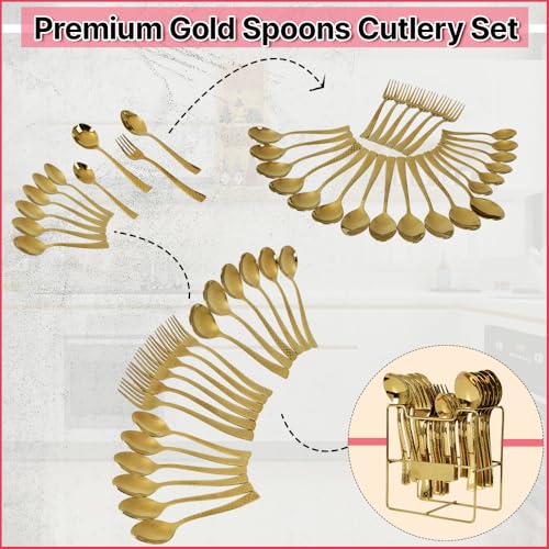 BLLUEX 25 Piece Gold Cutlery Set for Kitchen & Dining Luxury Stainless Steel Cutlery Set with Stand (6 Dessert Spoons, 6 Dessert Forks, 6 Tea Spoons, 6 Soup Spoons, 1 Storage Stand) (25, Golden) - Image 4