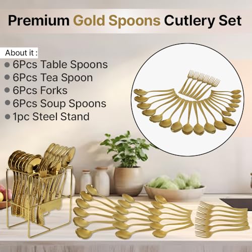 BLLUEX 25 Piece Gold Cutlery Set for Kitchen & Dining Luxury Stainless Steel Cutlery Set with Stand (6 Dessert Spoons, 6 Dessert Forks, 6 Tea Spoons, 6 Soup Spoons, 1 Storage Stand) (25, Golden) - Image 5