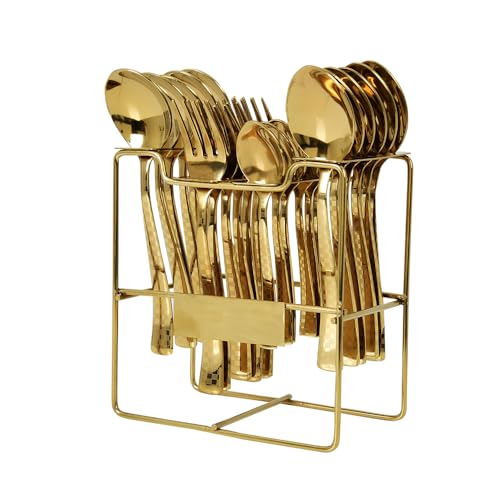 BLLUEX 25 Piece Gold Cutlery Set for Kitchen & Dining Luxury Stainless Steel Cutlery Set with Stand (6 Dessert Spoons, 6 Dessert Forks, 6 Tea Spoons, 6 Soup Spoons, 1 Storage Stand) (25, Golden) - Image 1