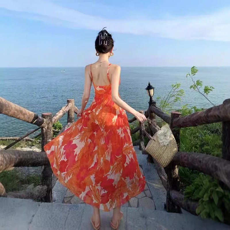 Women's 2024 Summer Orange Floral Pleated Cami Dress - Image 2