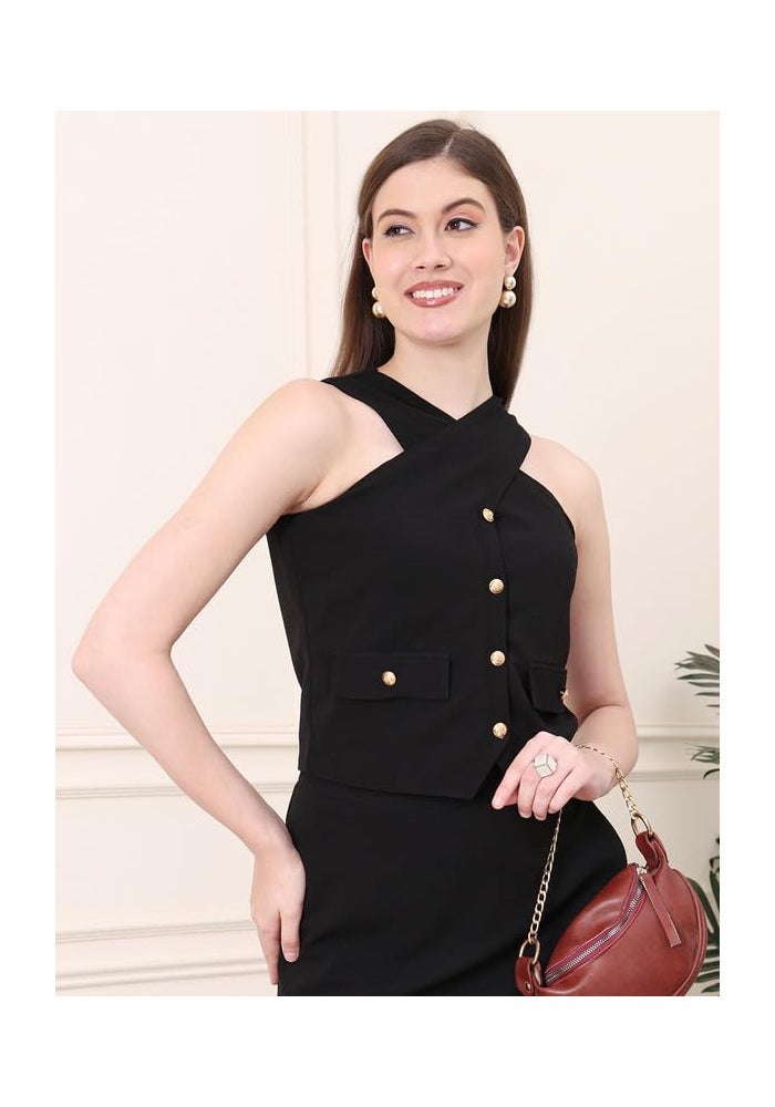 Exude طقم بلوزة هالتر سوداء وتنورة طويلة للنساء - Image 3