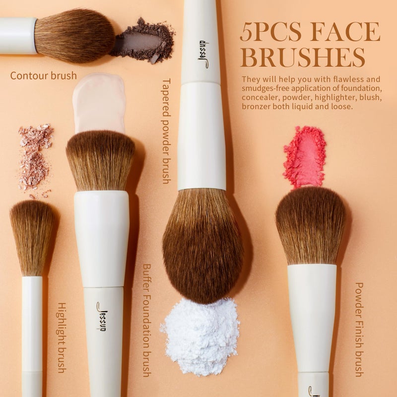 Jessup Makeup Brush Set 5Pcs Face Makeup Brushes Vegan Soft Foundation Brush Blush Brush Bronzer Contour Brush Highlighter Brush Fluffy Setting Powder Brush, Light Grey T493 - Image 3