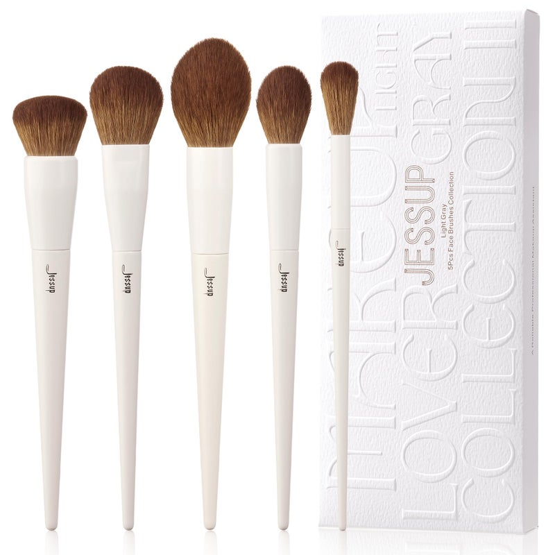 Jessup Makeup Brush Set 5Pcs Face Makeup Brushes Vegan Soft Foundation Brush Blush Brush Bronzer Contour Brush Highlighter Brush Fluffy Setting Powder Brush, Light Grey T493 - Image 1