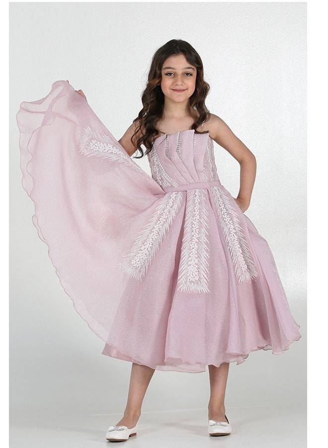 Modern Design A classy evening dress for girls, distinguished by elegant pleats in the chest and elegantly decorated with ribbons of sugar glitter, with a thin belt in the waist on the cloche story  - Image 2