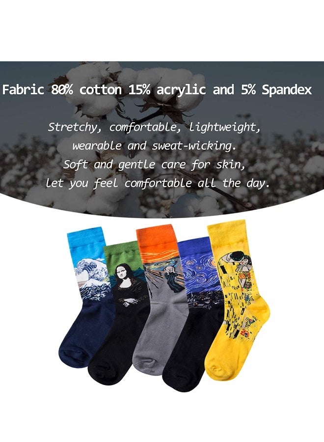 Mens Colorful Fun Dress Socks, Novelty Painting Socks, Fancy Funny Casual Combed Cotton Crew Socks, Unique & Striking Design for Running Skateboarding Hiking Sports Daily Use 5 Pair - Image 3