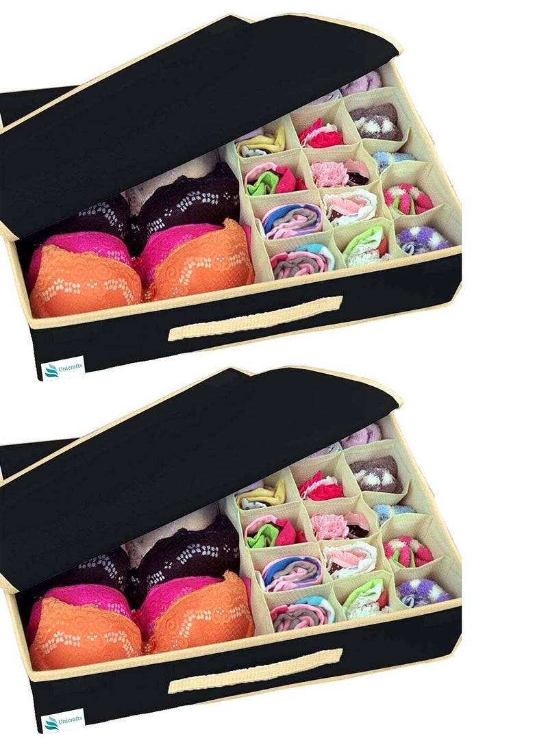 UNICRAFTS Lingerie Storage Organizer 151 Compartment NonSmell Undergarments Organizer With Lid NonWoven Drawer Dividers Innerwear Foldable Storage Box for Wardrobe Closet Pack of 2 Pc Black - Image 1