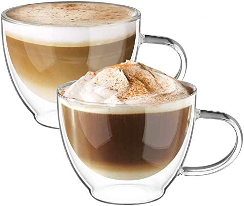 ecooe Double Walled Glass Coffee Mug 12 oz Latte Cappuccino Cups Set of 2, Clear Glass Coffee Cups with Handle, 350 ml Insulated Coffee Cup Borosilicate Heat Resistant Glass Coffee Mug Tea Cup - Image 1