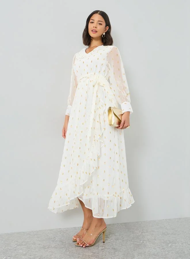Styli  Off White Lurex Foil Ruffled Midi Dress for Women | Best Price UAE