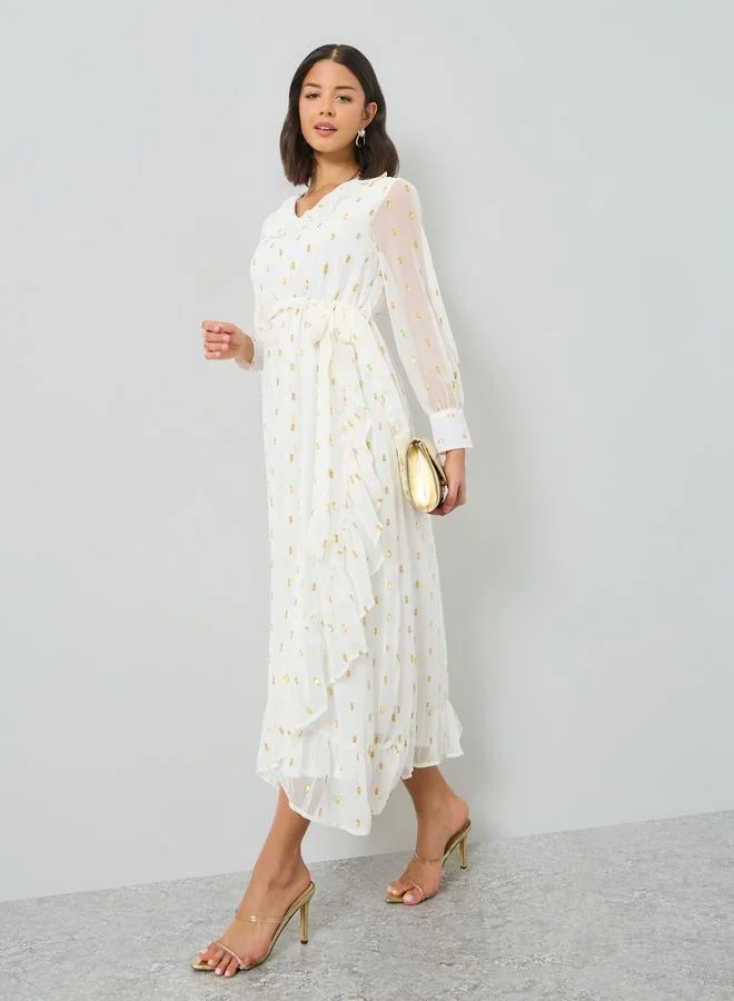 Off White Lurex Foil Ruffled Midi Dress