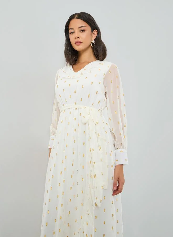 Styli  Off White Lurex Foil Ruffled Midi Dress for Women | Best Price UAE