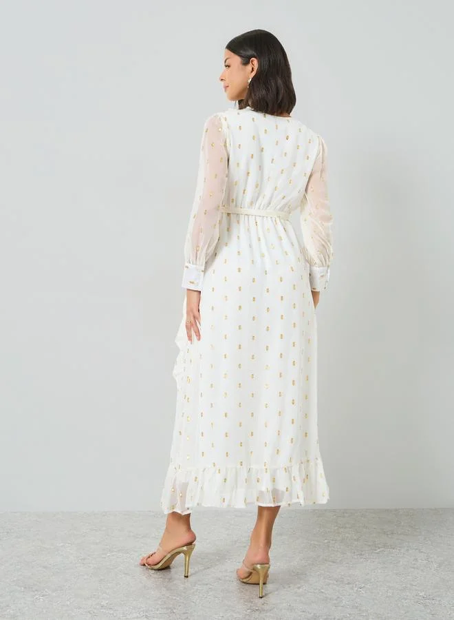 Styli  Off White Lurex Foil Ruffled Midi Dress for Women | Best Price UAE