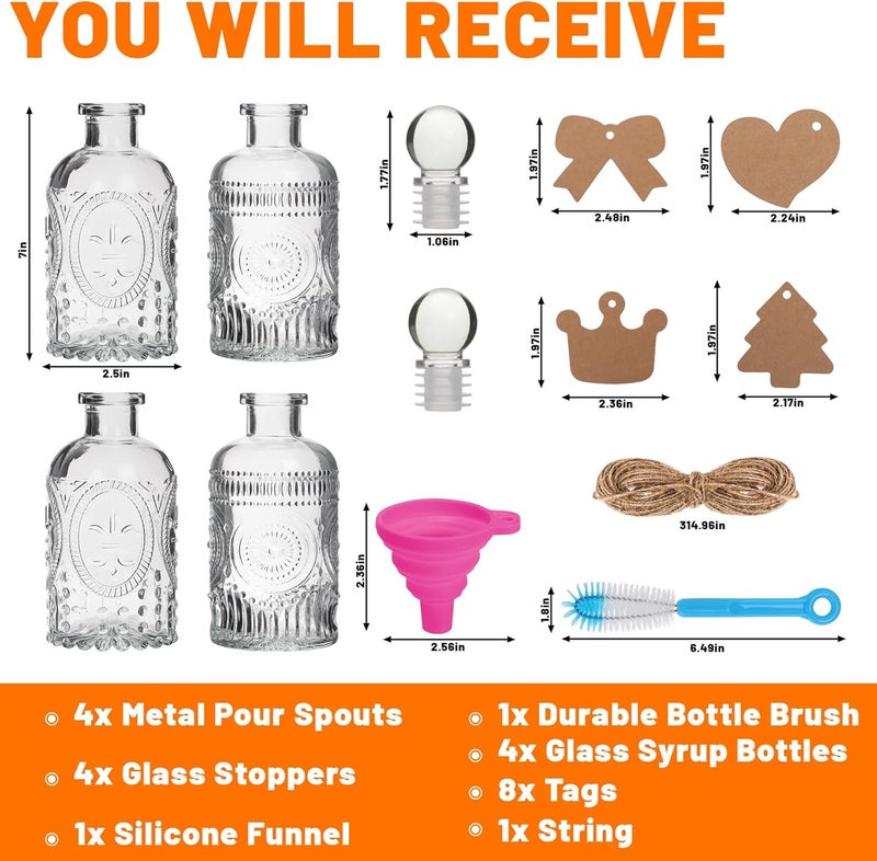 Alotpower 7oz Glass Coffee Syrup Dispenser, 4-Pack Complete Set with Funnel, Brush, Stoppers & Accessories - Syrup Bottles for Coffee Bar with Metal Pour Spout, Ideal for Maple,Oil, Vinegar,Cooking wine - Image 5