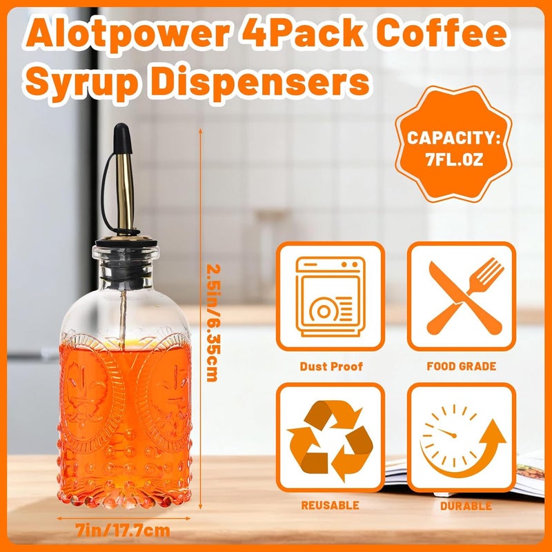 Alotpower 7oz Glass Coffee Syrup Dispenser, 4-Pack Complete Set with Funnel, Brush, Stoppers & Accessories - Syrup Bottles for Coffee Bar with Metal Pour Spout, Ideal for Maple,Oil, Vinegar,Cooking wine - Image 2