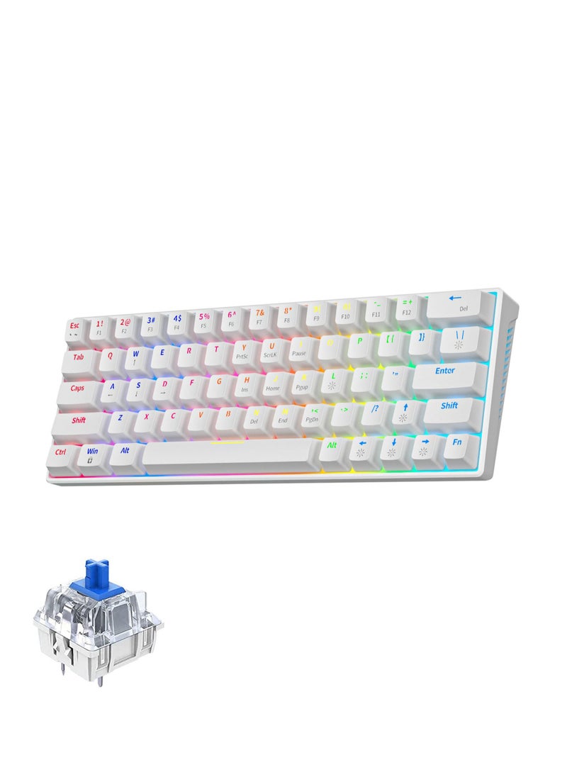 Rock Pow - 60% Wired Mechanical Gaming Keyboard RGB Backlit Ultra-Compact Mini Keyboard Waterproof Mini Compact 63 Keys Keyboard for PC/Mac Gamer Typist Travel Easy to Carry on Business Trip White - Image 1
