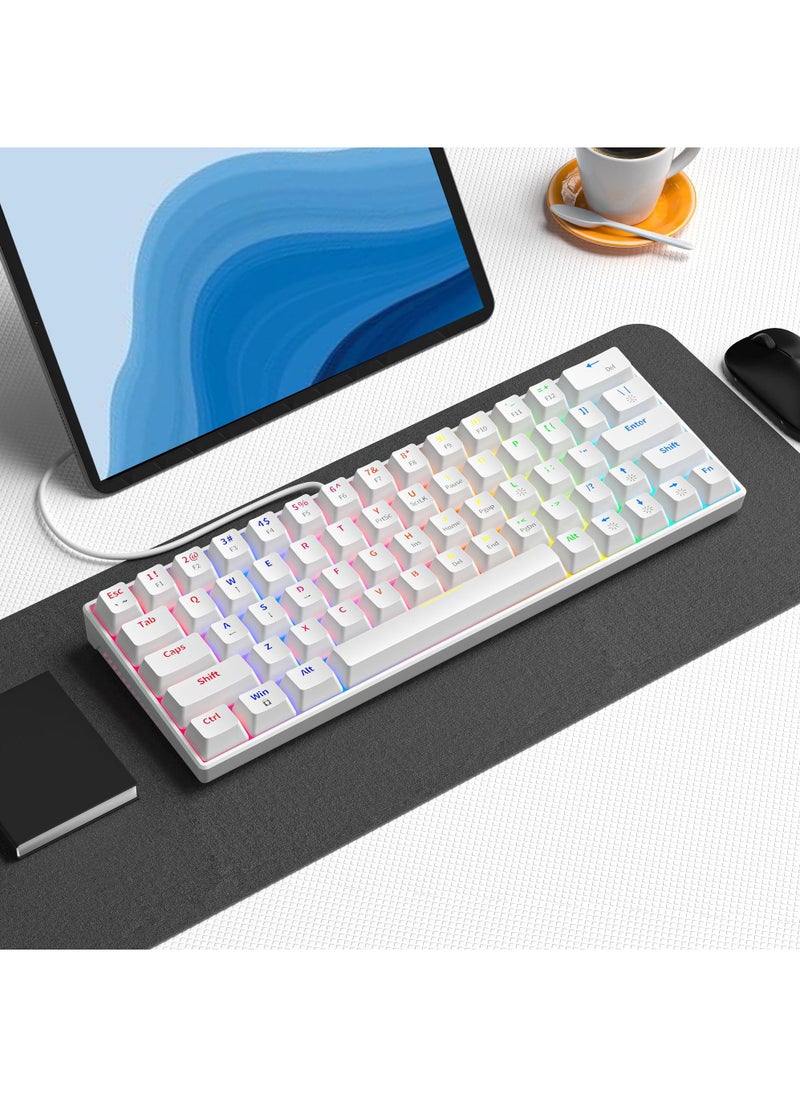 Rock Pow - 60% Wired Mechanical Gaming Keyboard RGB Backlit Ultra-Compact Mini Keyboard Waterproof Mini Compact 63 Keys Keyboard for PC/Mac Gamer Typist Travel Easy to Carry on Business Trip White - Image 1
