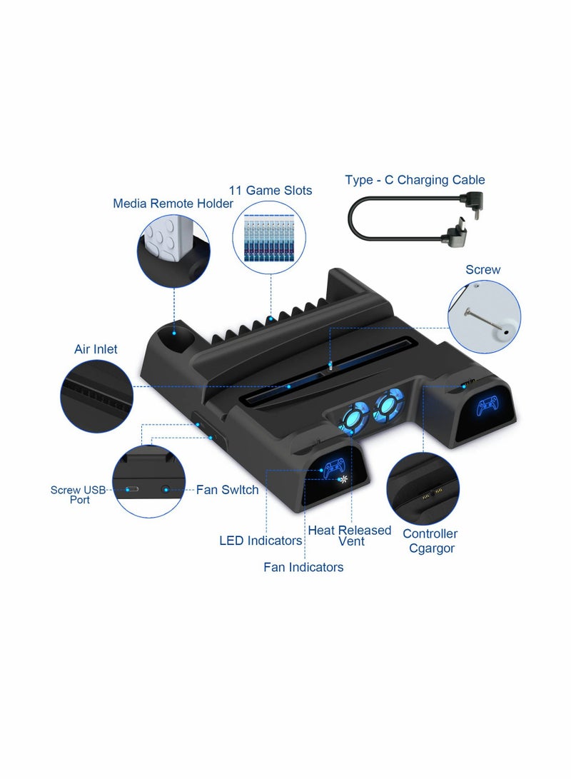 Loquat PS5 Stand with Cooling Fan -  Dual Controller Charger for Playstation 5 PS5 Console, Disc u0026 Digital Editions with 3 Adjustable Fans Speed and USB Ports 11 Games Storage for PS5 (Black)  - Image 5
