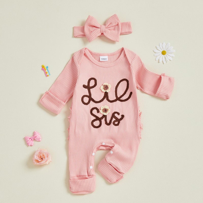 Rtnnsbbfcm Baby Girl Clothes Little Sister Outfits Ribbed Knit Long Sleeve Romper Jumpsuit Newborn Coming Home Clothing (Pink Lil Sis, 0-3 Months) - Image 3