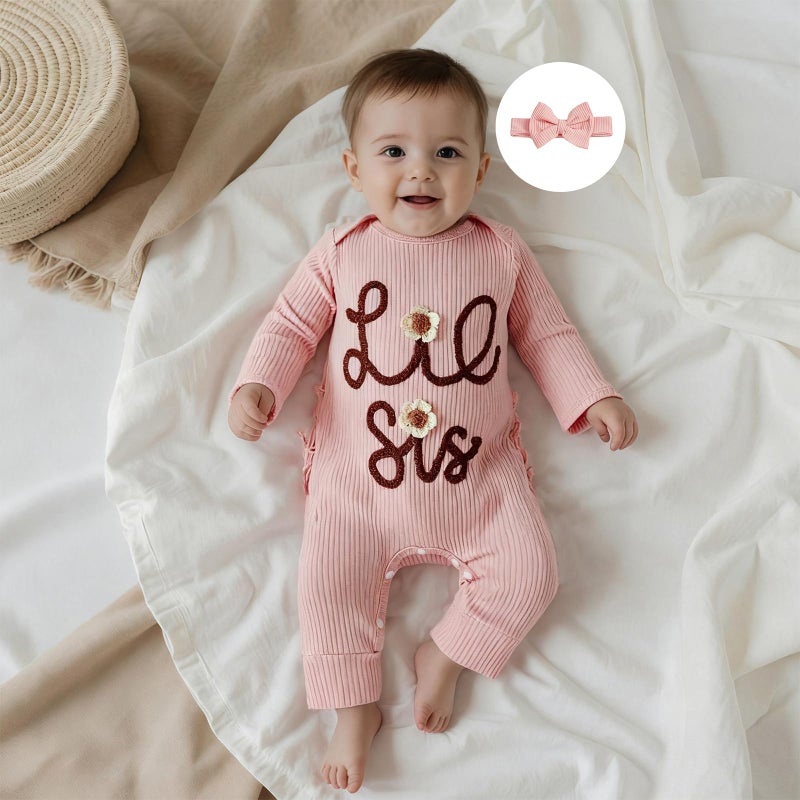 Rtnnsbbfcm Baby Girl Clothes Little Sister Outfits Ribbed Knit Long Sleeve Romper Jumpsuit Newborn Coming Home Clothing (Pink Lil Sis, 0-3 Months) - Image 2