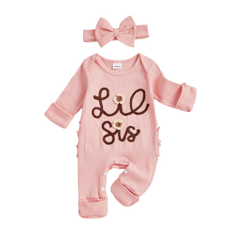 Rtnnsbbfcm Baby Girl Clothes Little Sister Outfits Ribbed Knit Long Sleeve Romper Jumpsuit Newborn Coming Home Clothing (Pink Lil Sis, 0-3 Months) - Image 1