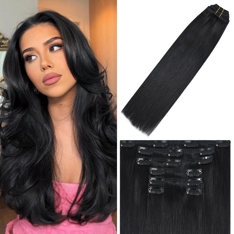 WindTouch Clip in Hair Extensions Real Human Hair Black Women Straight Seamless Black Hair Extensions 1B Natural Black 15 Inch 75g Clip Ins