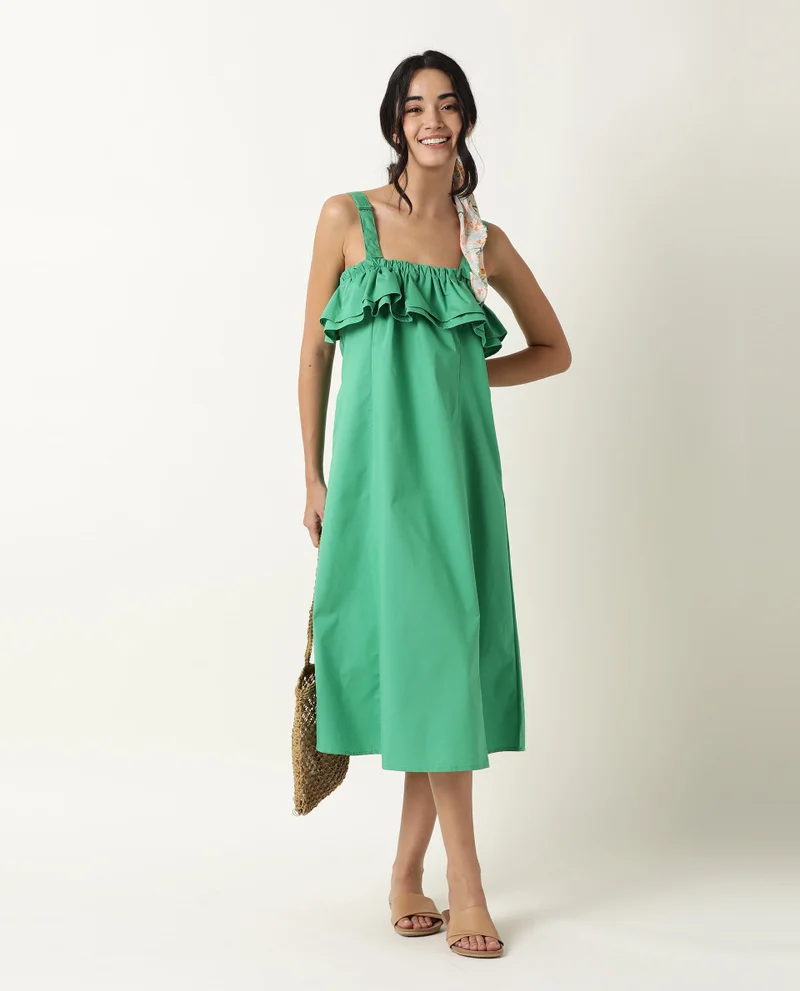 ريريزم Women's Strappy Ruffled Neck A Line Midi Dress