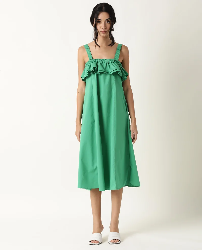 Rareism Women's Strappy Ruffled Neck A Line Midi Dress