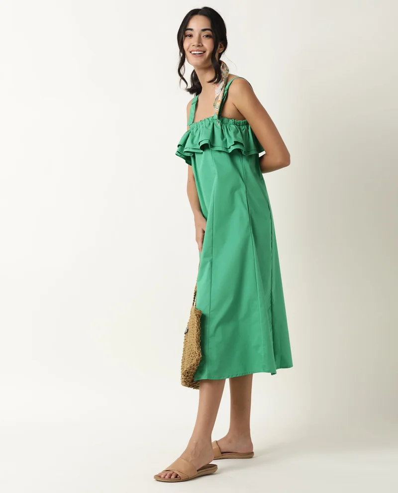 Rareism Women's Strappy Ruffled Neck A Line Midi Dress