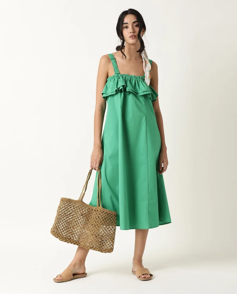Rareism Women's Strappy Ruffled Neck A Line Midi Dress