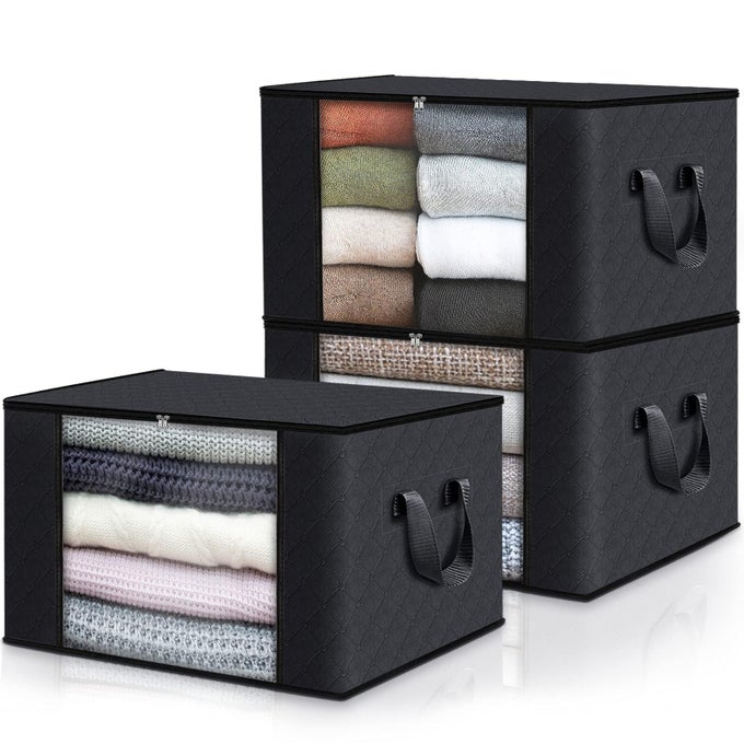 3 PACK CLOTHES STORAGE FOLDABLE THICK FABRIC BLANKET STORAGE BAGS CONTAINERS FOR ORGANIZING BEDROOM CLOSET CLOTHING COMFORTERCLOSET ORGANIZATION WITH HANDLEBLACK