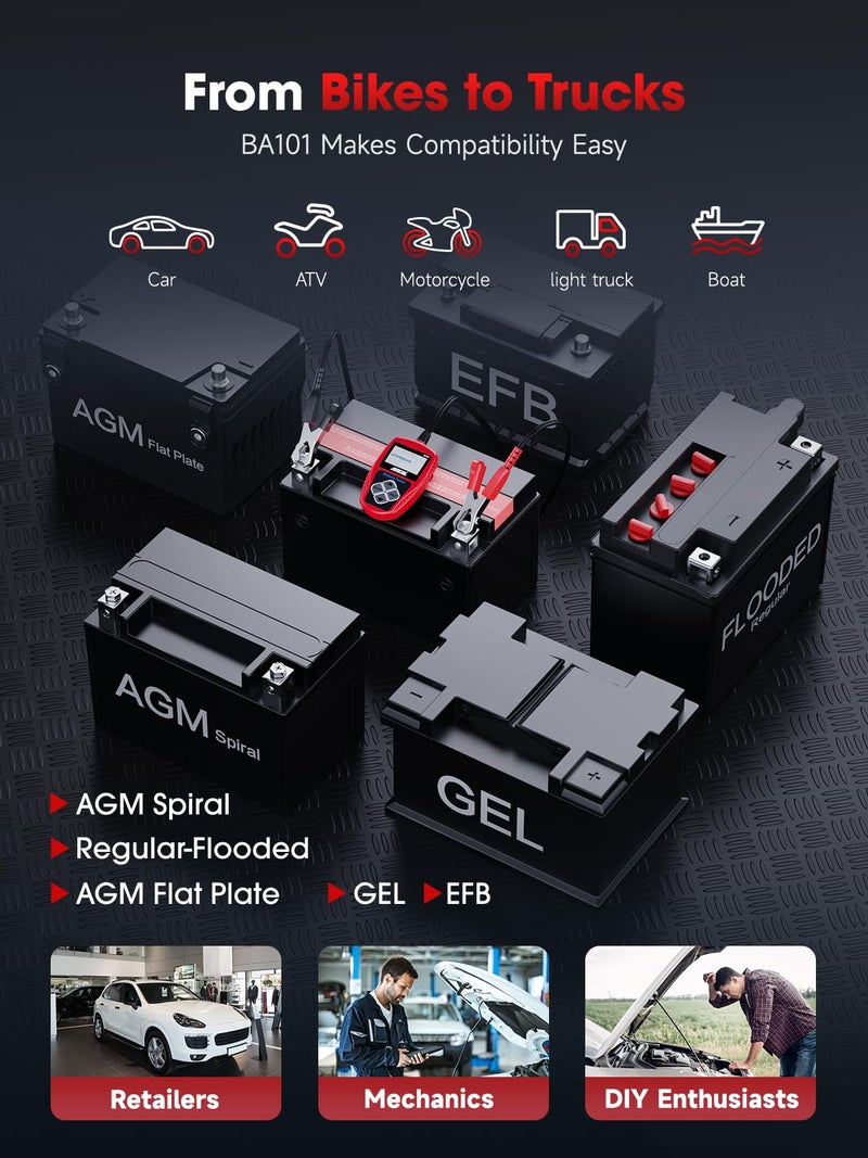 Ancel جهاز اختبار بطارية السيارة ANCEL BA101، مقياس بديل رقمي للسيارات 12 فولت، أداة تشخيص بسعة تحميل 100-2000 CCA، محلل الشحن والتشغيل للشاحنات، القوارب، المركبات الترفيهية، والمركبات البحرية، وأكثر - Image 5