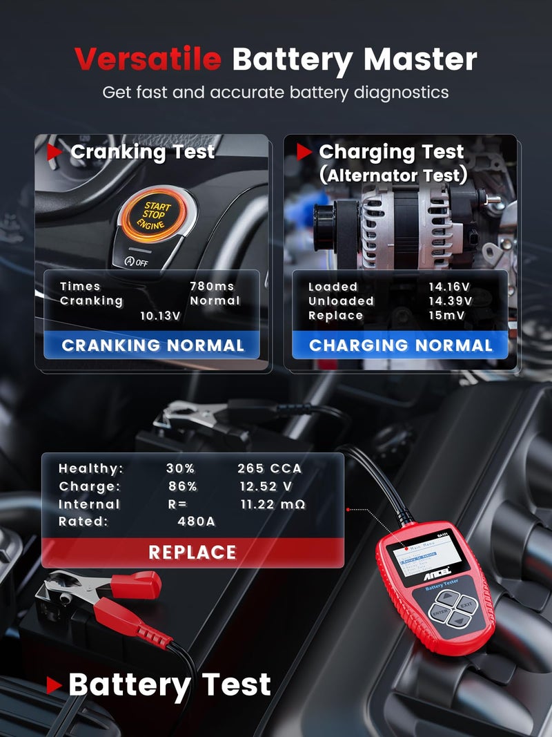 Ancel جهاز اختبار بطارية السيارة ANCEL BA101، مقياس بديل رقمي للسيارات 12 فولت، أداة تشخيص بسعة تحميل 100-2000 CCA، محلل الشحن والتشغيل للشاحنات، القوارب، المركبات الترفيهية، والمركبات البحرية، وأكثر - Image 2