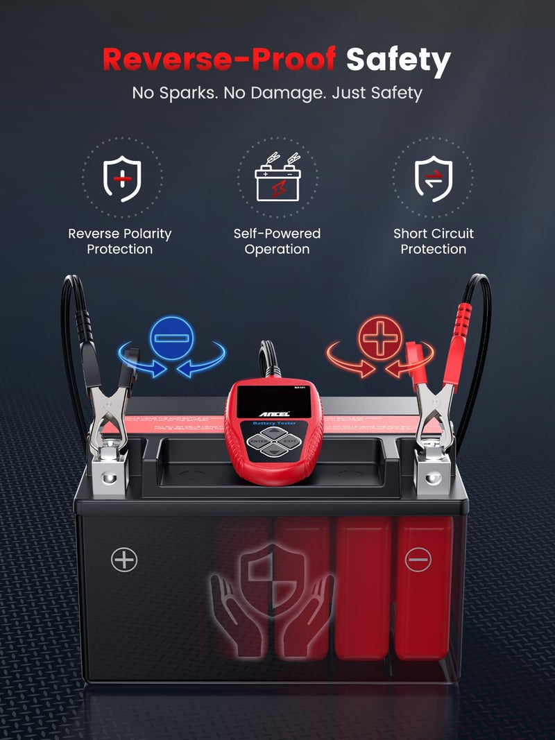 Ancel جهاز اختبار بطارية السيارة ANCEL BA101، مقياس بديل رقمي للسيارات 12 فولت، أداة تشخيص بسعة تحميل 100-2000 CCA، محلل الشحن والتشغيل للشاحنات، القوارب، المركبات الترفيهية، والمركبات البحرية، وأكثر - Image 3