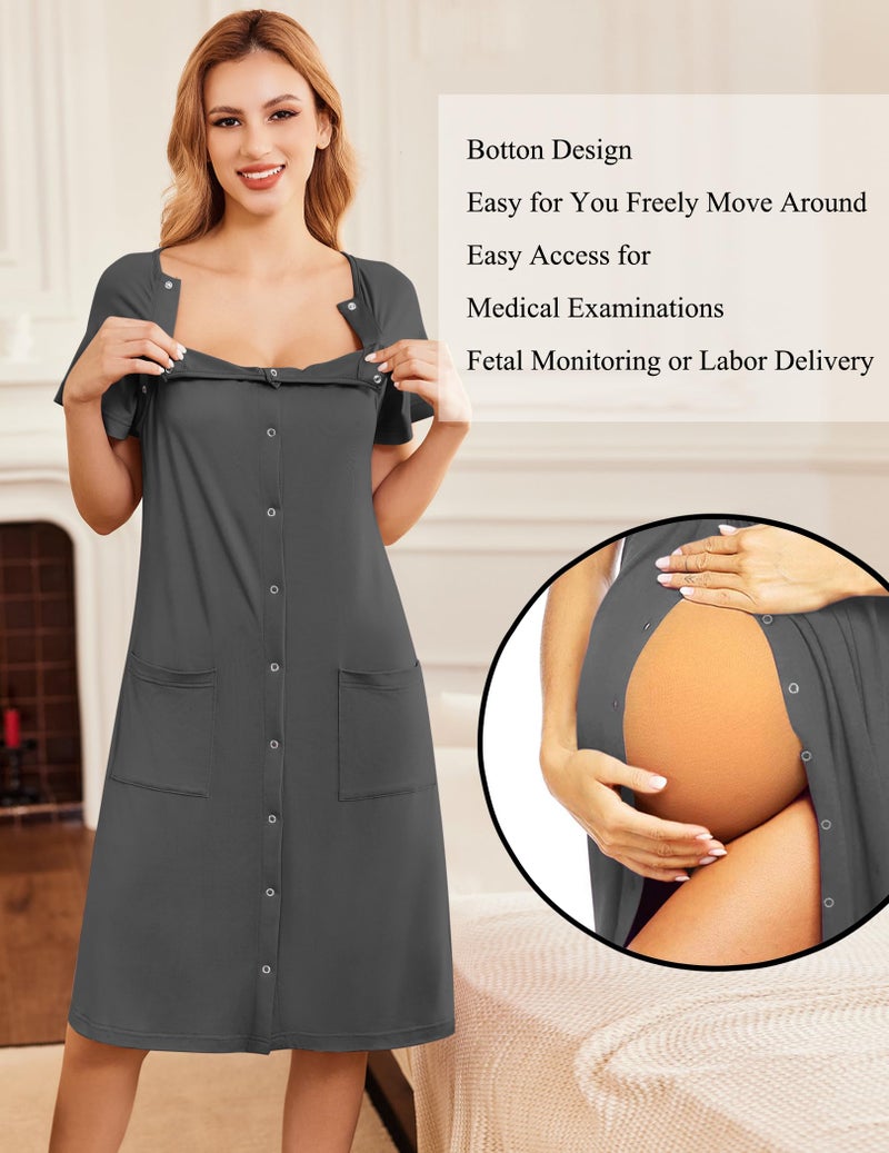 Ekouaer Nursing Hospital Gown Labor and Delivery Nursing Dress Maternity Nightgown Breastfeeding Birthing Gown with Button Dark gray L - Image 3