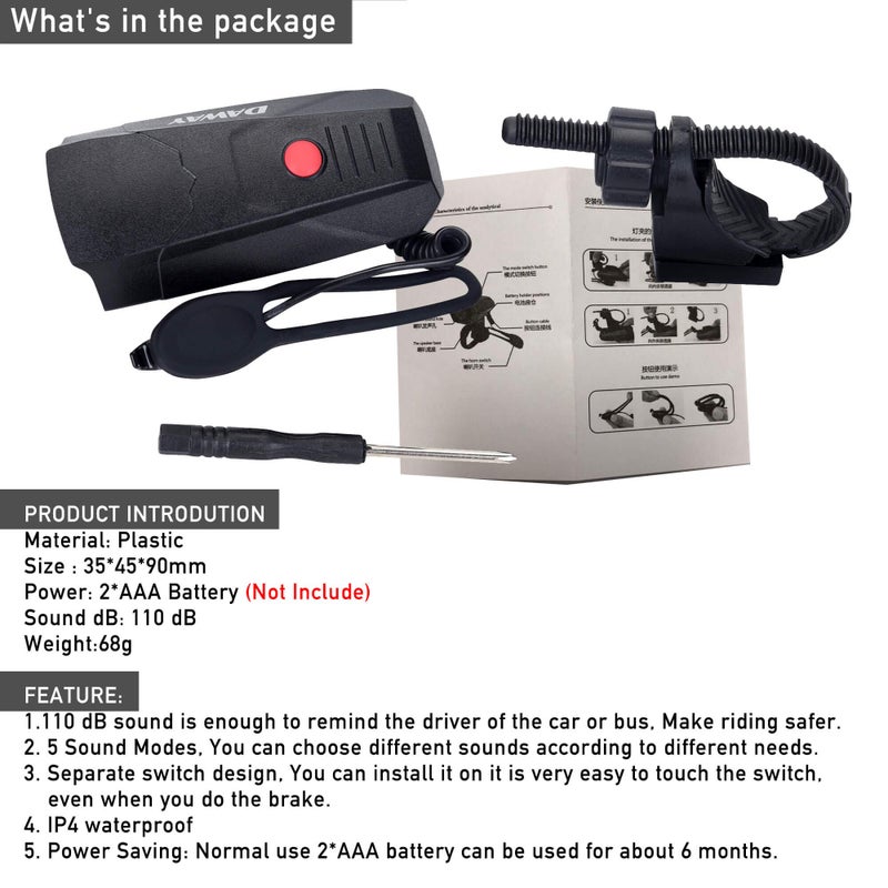 DAWAY DAWAY A14 110dB Electric Bike Horn - 5 Sound Modes, Loud Bicycle Handlebar Alarm Bell with Free Screwdriver, Ideal Gift for Kids & Adults - Safe & Easy Cycling Alert  - Image 5