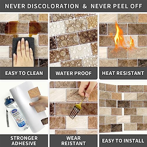 URCOLOR 10-Sheet Stick on Backsplash for Kitchen,12"x12" Peel and Stick Self Adhesive Wall Tiles Back Splashes for Bathroom Brown Marble Look - Image 4