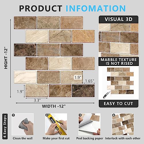 URCOLOR 10-Sheet Stick on Backsplash for Kitchen,12"x12" Peel and Stick Self Adhesive Wall Tiles Back Splashes for Bathroom Brown Marble Look - Image 5
